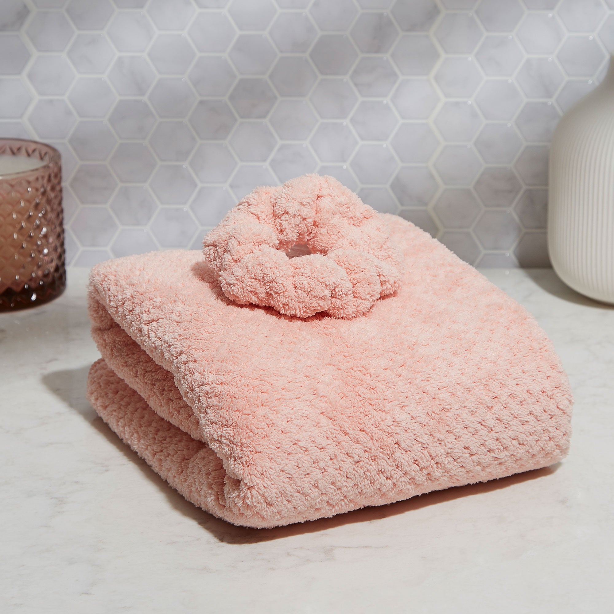 pink microfiber towel and scrunchie